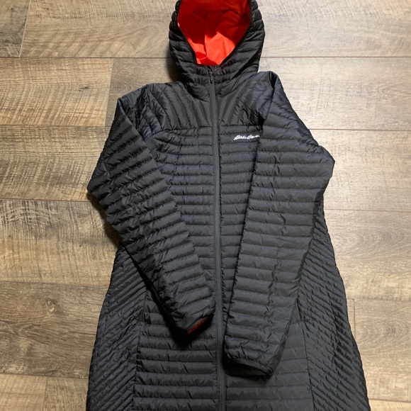 Eddie Bauer Womens Stormdown 800 Down Black Long Hooded Puffer Zip Jacket Large - Picture 2 of 7
